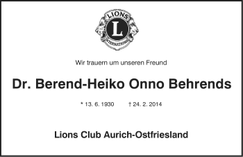 Traueranzeige von Berend-Heiko Onno Behrends von Ostfrisischer Kurier